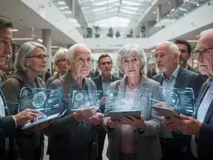 A diverse group of people, including seniors, engage with digital devices in a modern German public space, symbolizing digital literacy challenges and education. - Foto: über boerse-global.de