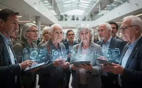 A diverse group of people, including seniors, engage with digital devices in a modern German public space, symbolizing digital literacy challenges and education. - Foto: über boerse-global.de