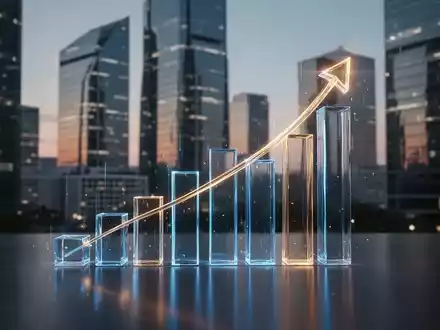 Ein stilisierter, aufwärts gerichteter Finanzbalken aus blauem und goldenem Licht mit einem unscharfen modernen Bürogebäude im Hintergrund. - Foto: über boerse-global.de