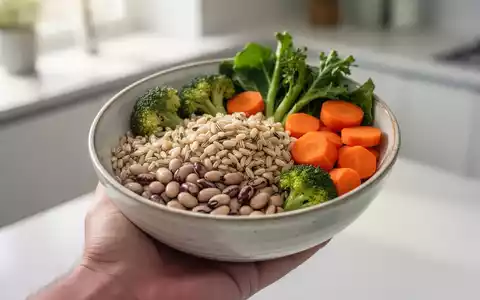 Eine Nahaufnahme einer Hand, die eine Schüssel mit einer ausgewogenen Mahlzeit aus Vollkornprodukten, Hülsenfrüchten und Gemüse hält. - Foto: über boerse-global.de