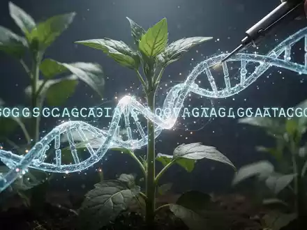 Nahaufnahme eines genmodifizierten Pflanzenblattes, das von einem leuchtenden DNA-Strang durchzogen ist und die Gentechnik symbolisiert. - Foto: über boerse-global.de