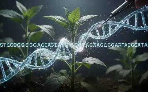 Nahaufnahme eines genmodifizierten Pflanzenblattes, das von einem leuchtenden DNA-Strang durchzogen ist und die Gentechnik symbolisiert. - Foto: über boerse-global.de