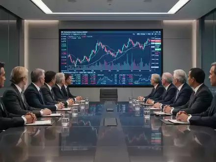 Ein Konferenzraum mit Führungskräften, die an einem Tisch sitzen, und einem Bildschirm, der Finanzdaten und Diagramme anzeigt. - Foto: über boerse-global.de