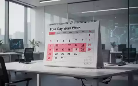 Ein minimalistisches Büro mit einem Kalender, der eine Vier-Tage-Woche hervorhebt, symbolisiert flexible Arbeitszeiten. - Foto: über boerse-global.de