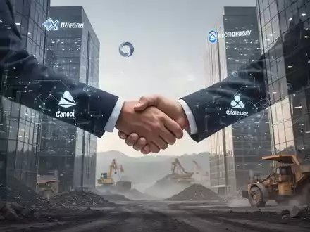 Zwei moderne Firmengebäude, die sich symbolisch die Hände reichen, mit Andeutungen der Materialindustrie im Hintergrund. - Foto: über boerse-global.de