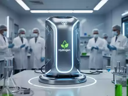 Eine futuristische Wasserstoff-Brennstoffzelle in einem High-Tech-Labor, umgeben von einem blauen Lichtschein, symbolisiert Innovation. - Foto: über boerse-global.de