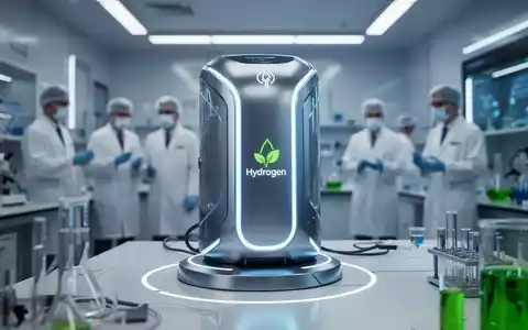Eine futuristische Wasserstoff-Brennstoffzelle in einem High-Tech-Labor, umgeben von einem blauen Lichtschein, symbolisiert Innovation. - Foto: über boerse-global.de