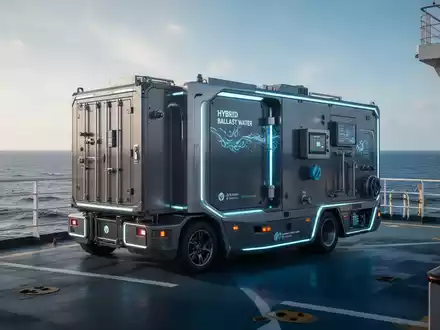 Eine mobile Hybridanlage zur Ballastwasseraufbereitung auf einem Schiffsdeck mit Meer im Hintergrund. - Foto: über boerse-global.de