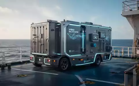 Eine mobile Hybridanlage zur Ballastwasseraufbereitung auf einem Schiffsdeck mit Meer im Hintergrund. - Foto: über boerse-global.de
