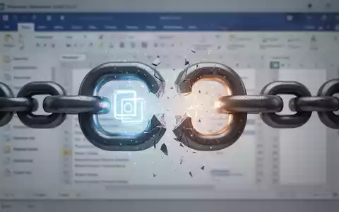 A broken digital chain link, with a glowing software icon replacing a missing piece, over a blurred background of office application interfaces. - Foto: über boerse-global.de