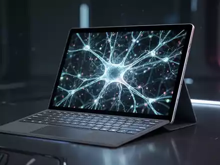 A sleek Microsoft Surface Pro tablet with a vibrant OLED display showcasing abstract AI network patterns, next to a keyboard. - Foto: über boerse-global.de
