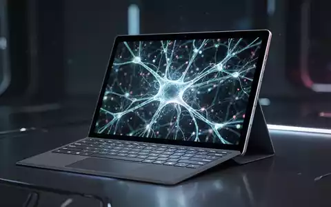 A sleek Microsoft Surface Pro tablet with a vibrant OLED display showcasing abstract AI network patterns, next to a keyboard. - Foto: über boerse-global.de