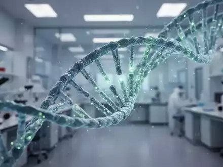 Eine stilisierte DNA-Doppelhelix leuchtet blau und grün vor einem unscharfen modernen Laborhintergrund, symbolisiert wissenschaftlichen Fortschritt. - Foto: über boerse-global.de