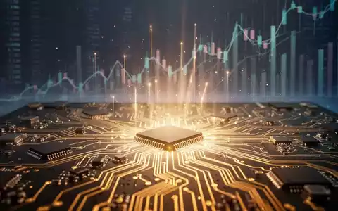Eine stilisierte, leuchtende Leiterplatte mit goldenen Spuren und Mikrochips, die nach oben strahlt, im Hintergrund Finanzdiagramme. - Foto: über boerse-global.de
