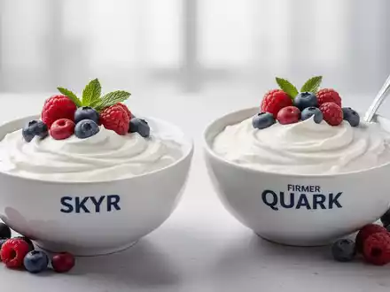 Eine Schale mit cremigem Skyr und eine Schale mit festem Quark, beide mit frischen Beeren garniert. - Foto: über boerse-global.de