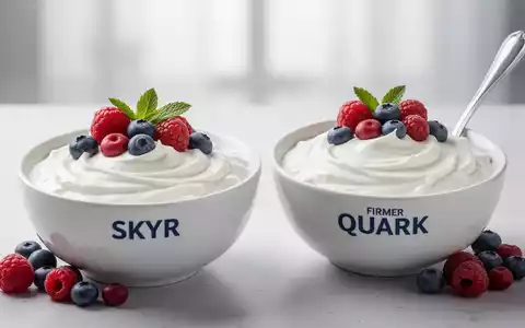 Eine Schale mit cremigem Skyr und eine Schale mit festem Quark, beide mit frischen Beeren garniert. - Foto: über boerse-global.de