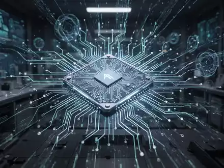 Close-up of a glowing, intricate microchip with digital data streams, representing AI training and technological advancement. - Foto: über boerse-global.de
