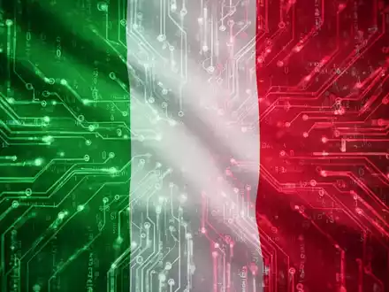 Italian flag colors merging with digital data streams and circuit board patterns, symbolizing digital regulation and technology. - Foto: über boerse-global.de