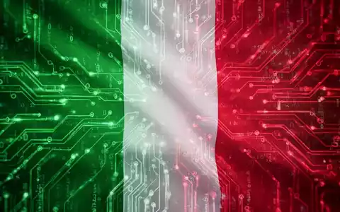Italian flag colors merging with digital data streams and circuit board patterns, symbolizing digital regulation and technology. - Foto: über boerse-global.de