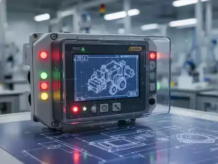 Nahaufnahme einer modernen, kompakten industriellen Sicherheitssteuerung mit leuchtenden Anzeigeleuchten in einer High-Tech-Umgebung. - Foto: über boerse-global.de