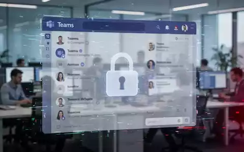 A stylized, glitching digital interface of a communication platform with 'Teams' visible and a padlock icon, over a blurred office. - Foto: über boerse-global.de