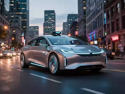 A futuristic autonomous taxi with subtle glowing lights drives down a city street at dusk, symbolizing advanced transportation technology. - Foto: über boerse-global.de