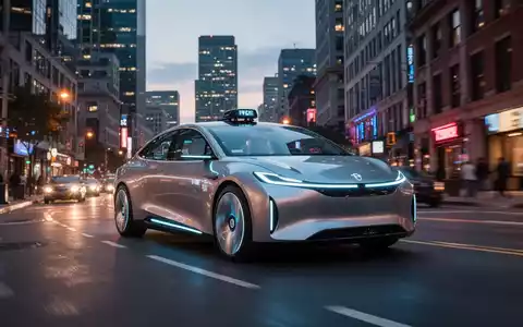 A futuristic autonomous taxi with subtle glowing lights drives down a city street at dusk, symbolizing advanced transportation technology. - Foto: über boerse-global.de