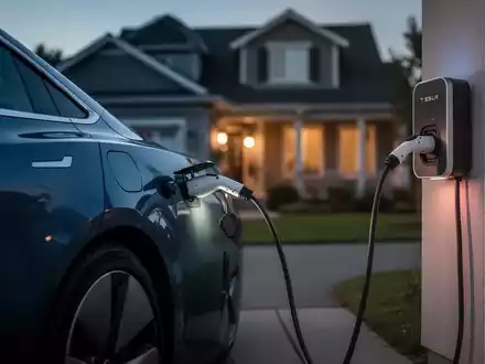 Ein modernes Elektro-Firmenfahrzeug, das im Dunkeln an einer Ladestation in einer Wohngegend aufgeladen wird. - Foto: über boerse-global.de