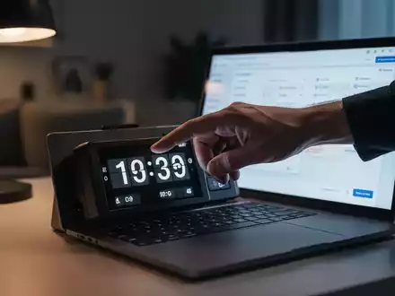 Eine Hand tippt heimlich auf einer Zeiterfassungsuhr oder einem Laptop mit digitaler Zeiterfassung in einem Homeoffice. - Foto: über boerse-global.de