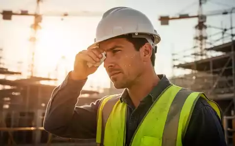 Ein Bauarbeiter wischt sich bei sengender Hitze den Schweiß von der Stirn. Im Hintergrund eine Baustelle. - Foto: über boerse-global.de