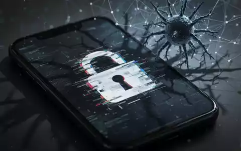 Ein Smartphone-Bildschirm zeigt ein verzerrtes, glitchiges Schloss-Symbol, umgeben von einer abstrakten, bedrohlichen digitalen Netzwerkgrafik. - Foto: über boerse-global.de