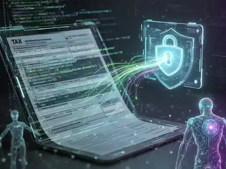 Eine digitale Steuererklärung mit fließenden Datenlinien und Code, die eine sichere Online-Plattform betreten, um Bürokratieabbau darzustellen. - Foto: über boerse-global.de