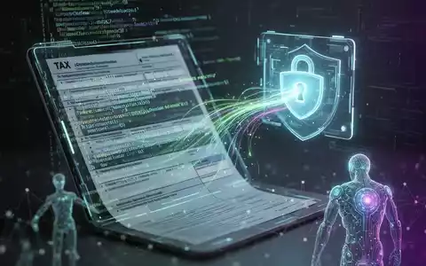Eine digitale Steuererklärung mit fließenden Datenlinien und Code, die eine sichere Online-Plattform betreten, um Bürokratieabbau darzustellen. - Foto: über boerse-global.de