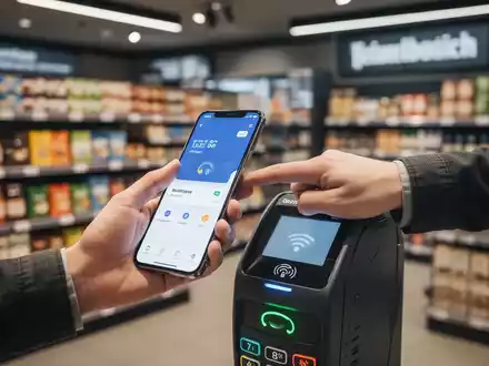 A hand holding a smartphone near a payment terminal in a store, symbolizing cashless transactions in Germany. - Foto: über boerse-global.de