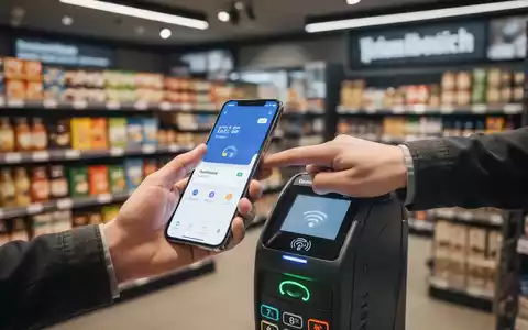 A hand holding a smartphone near a payment terminal in a store, symbolizing cashless transactions in Germany. - Foto: über boerse-global.de