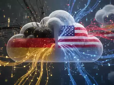 Digital cloud network with data streams, subtly weaving German and American flag colors, representing technological reliance. - Foto: über boerse-global.de