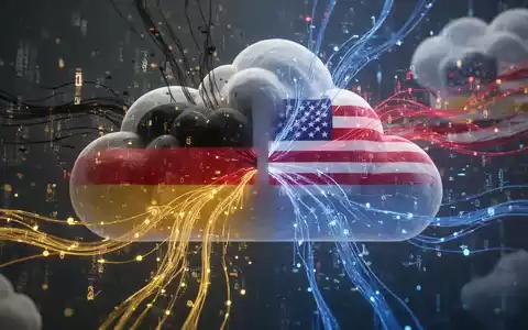 Digital cloud network with data streams, subtly weaving German and American flag colors, representing technological reliance. - Foto: über boerse-global.de