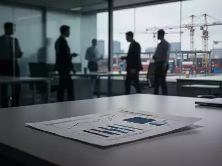 Ein unscharfes Bild von Büromitarbeitern in einem modernen Büro, einem Dokument mit Finanzdiagrammen auf einem Schreibtisch und einer Baustelle im Hintergrund. - Foto: über boerse-global.de
