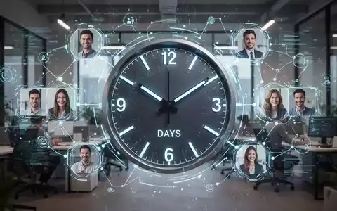 Eine stilisierte Uhr zeigt weniger als 5 Tage an, umgeben von digitalen Daten und vernetzten Teammitgliedern in einem modernen Büro. - Foto: über boerse-global.de