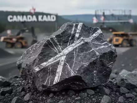 Nahaufnahme einer Antimon-Erzprobe mit metallischen Adern vor einer verschwommenen kanadischen Minenlandschaft in Ontario. - Foto: über boerse-global.de