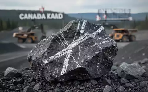 Nahaufnahme einer Antimon-Erzprobe mit metallischen Adern vor einer verschwommenen kanadischen Minenlandschaft in Ontario. - Foto: über boerse-global.de