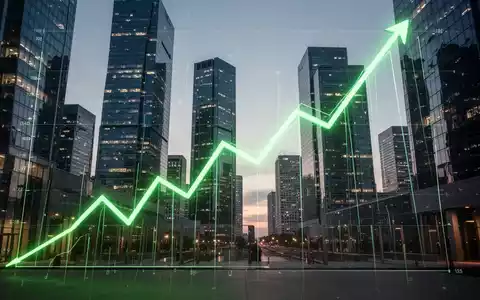 Ein leuchtend grüner, aufsteigender Liniengraph vor der Skyline eines modernen Finanzviertels bei Sonnenuntergang. - Foto: über boerse-global.de