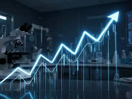 Abstrakte Darstellung von Wachstum im Gesundheitssektor mit aufsteigenden blauen Linien in einem futuristischen Labor. - Foto: über boerse-global.de