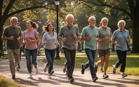 Eine Gruppe von Menschen unterschiedlichen Alters, die nach einer Mahlzeit zügig in einem Park spazieren, um den Blutzucker zu regulieren. - Foto: über boerse-global.de