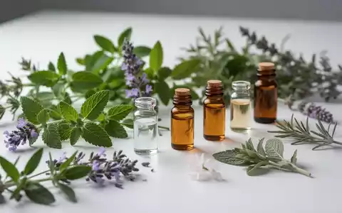 Nahaufnahme von verschiedenen Heilpflanzen und kleinen GlasflĂ€schchen mit Ă€therischen Ălen auf einer weiĂen OberflĂ€che. - Foto: ĂŒber boerse-global.de
