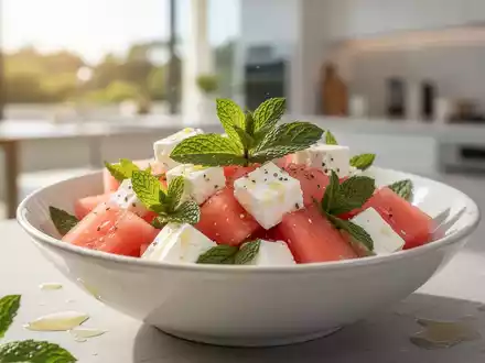 Ein erfrischender Melonen-Feta-Salat mit Minze, der gesunde Ernährung bei Hitze symbolisiert. - Foto: über boerse-global.de