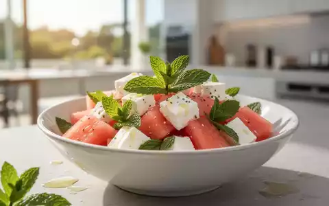 Ein erfrischender Melonen-Feta-Salat mit Minze, der gesunde Ernährung bei Hitze symbolisiert. - Foto: über boerse-global.de