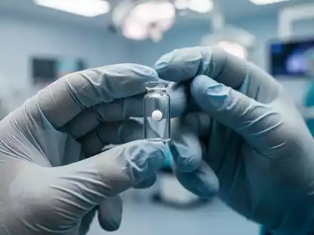 Chirurgenhände in Handschuhen halten ein homöopathisches Kügelchen in einem Glasfläschchen, im Hintergrund ein Operationssaal. - Foto: über boerse-global.de