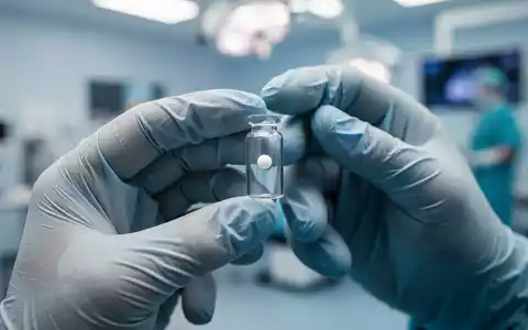 Chirurgenhände in Handschuhen halten ein homöopathisches Kügelchen in einem Glasfläschchen, im Hintergrund ein Operationssaal. - Foto: über boerse-global.de