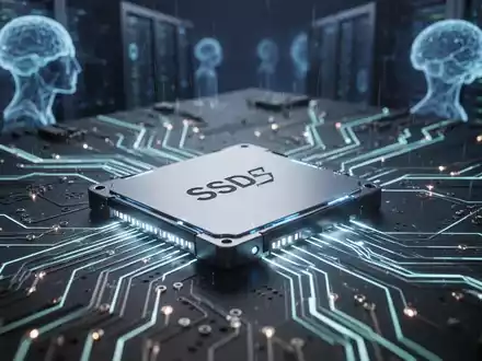 A futuristic solid-state drive (SSD) glows, surrounded by illuminated circuit board traces, representing data flow and scarcity in the tech market. - Foto: über boerse-global.de